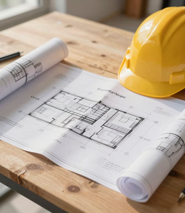Close up of architectural blueprints on a wooden table at a construction site in Central Europe, with a safety helmet nearby, bathed in soft morning sunlight.