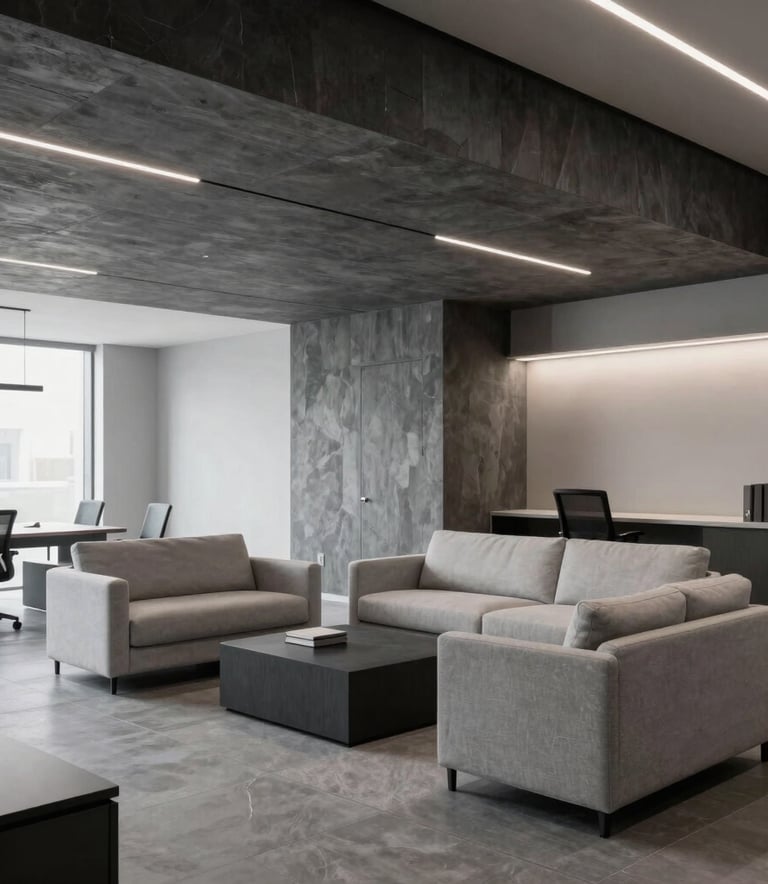 A modern minimalist interior of a commercial real estate office in Slovakia, featuring slate grey and light grey furniture, clean architectural lines, and professional soft lighting.