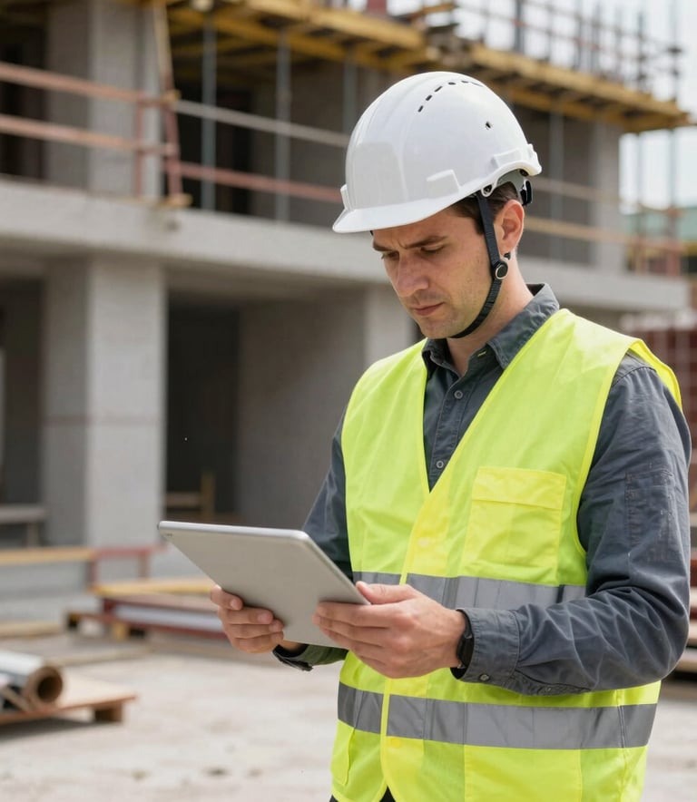 A professional construction site manager in Central European / Slovak attire, wearing a safety helmet and vest, reviewing architectural plans on a tablet at a building site, daylight, steel gray tones, high reliability.