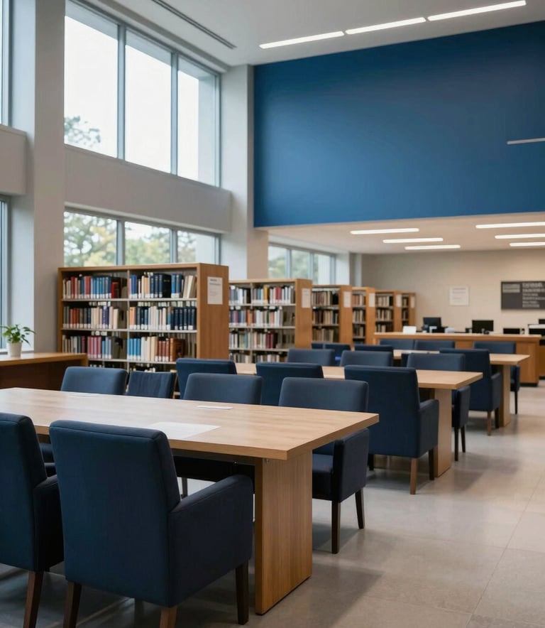 A high-end, clean academic environment in a North American / US setting. The composition shows a modern library with professional slate and deep navy furniture, large windows letting in soft natural light, and sky blue accents on the walls to create a focused yet inspiring atmosphere for educational excellence.