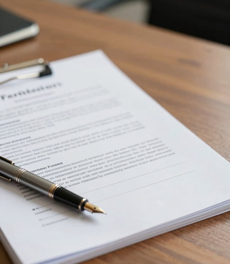 A close-up photograph of professional legal documents and a fountain pen on a clean wooden desk in a South Asian office setting. The lighting is bright and clear, emphasizing a sense of reliability and strategic order.
