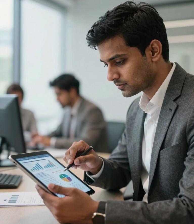 A South Asian professional reviewing financial reports on a tablet in a modern corporate workspace. The composition is clean and focused, reflecting a mood of expert consultancy and business building.