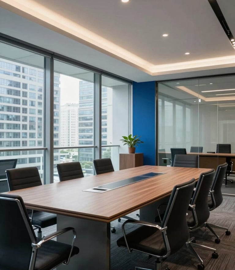 A wide-angle shot of a clean, modern corporate meeting room in a South Asian / Indian city, featuring glass walls, steel blue accents, and professional atmosphere.