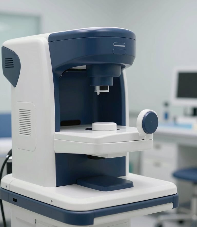 Close-up of a sleek, modern medical diagnostic machine in a high-tech healthcare facility. The lighting is crisp and professional, with a color palette reflecting deep blues (#1C2B39) and clean off-whites (#F5F7F8). The composition is sophisticated and implies advanced technology.