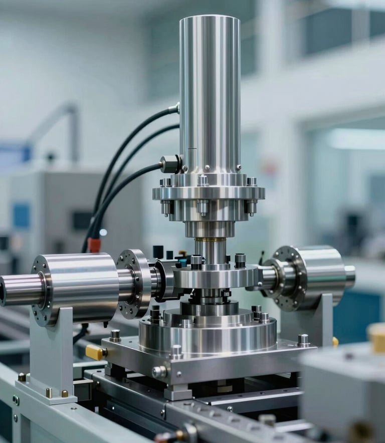 A high-quality image of a heavy-duty industrial production line with stainless steel components, showcasing precision and reliability, set against a modern architectural background with subtle slate blue highlights.