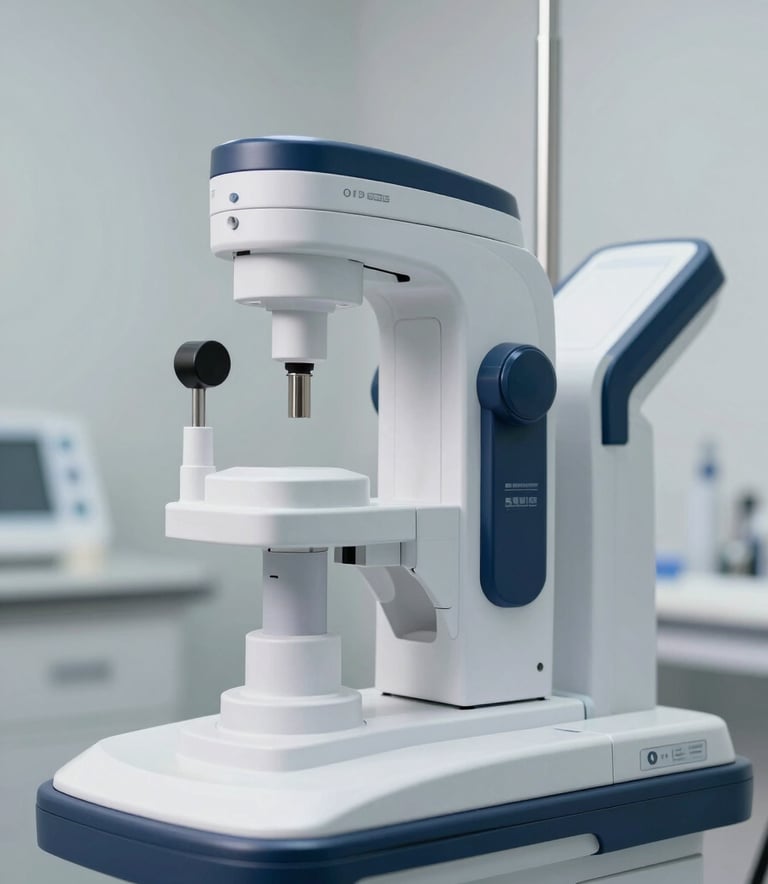 A high-end, close-up shot of modern medical diagnostic equipment in a clean clinical environment, featuring professional studio lighting and a sleek metallic finish with accents of slate blue and dark navy.