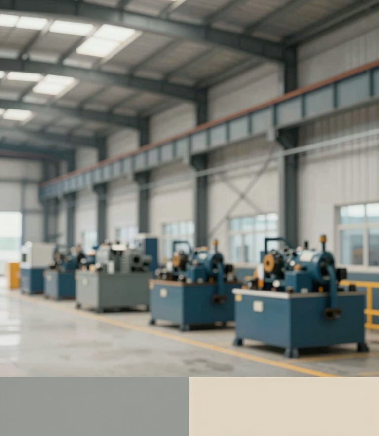 Wide shot of a modern industrial warehouse in Lahore featuring heavy machinery components. The scene is bright and organized, emphasizing logistics and reliability. Color accents of #4A6273 and #A3B1BE are woven through the industrial architecture.