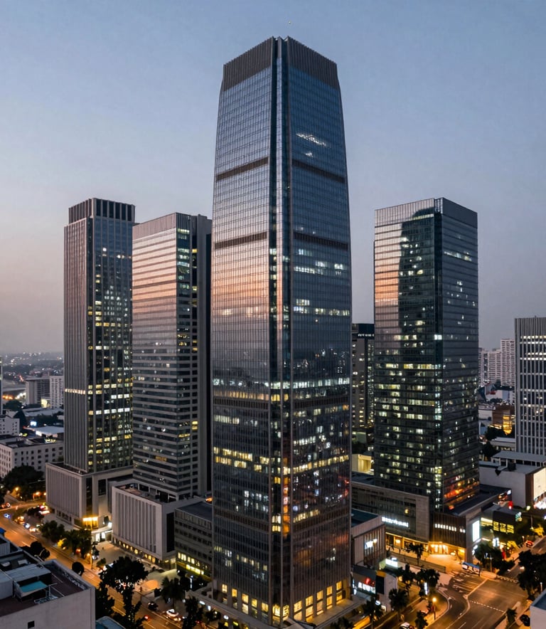 A panoramic view of a modern South Asian business district at dusk. The architecture is sophisticated and sleek, with glass towers reflecting soft slate blue and gray lights.