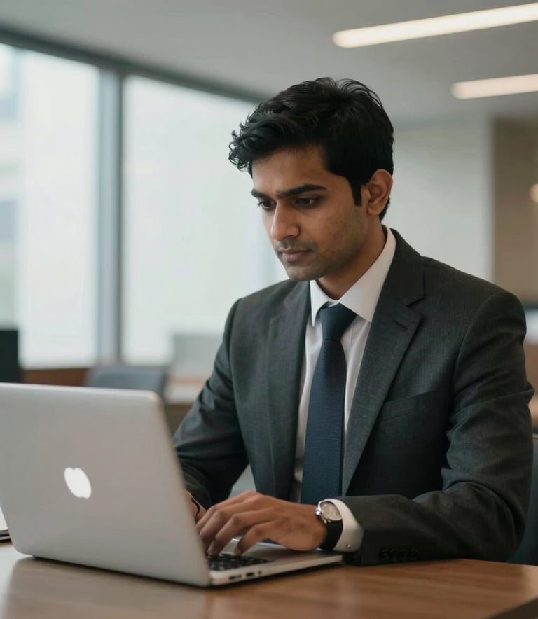A focused South Asian professional wearing business attire, working on a laptop in a high-end corporate lounge. The lighting is soft and natural, emphasizing a global business environment.