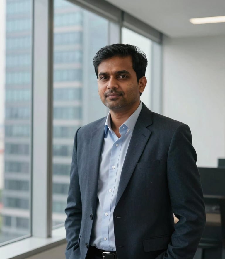 A focused South Asian / Indian executive in a high-rise office in Bangalore, natural light from windows, slate blue and white office interior, high-quality professional portrait.