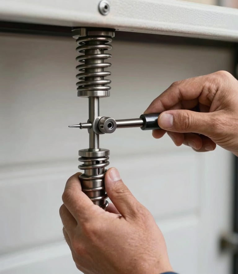 Close-up photography of a professional technician's hands in the North American / US region, using steel tools to precisely adjust a garage door spring. The focus is on safety and reliability.