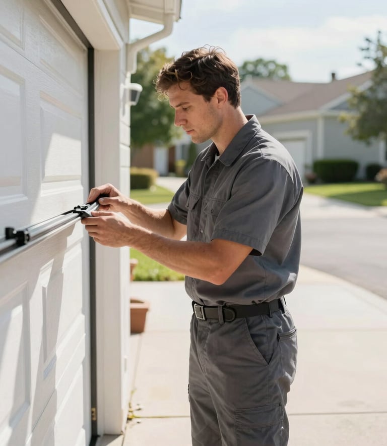 A professional technician wearing a slate gray uniform inspecting a garage door track in a bright, sunlit North American suburban driveway. The scene is clean, organized, and conveys a high-quality service experience.