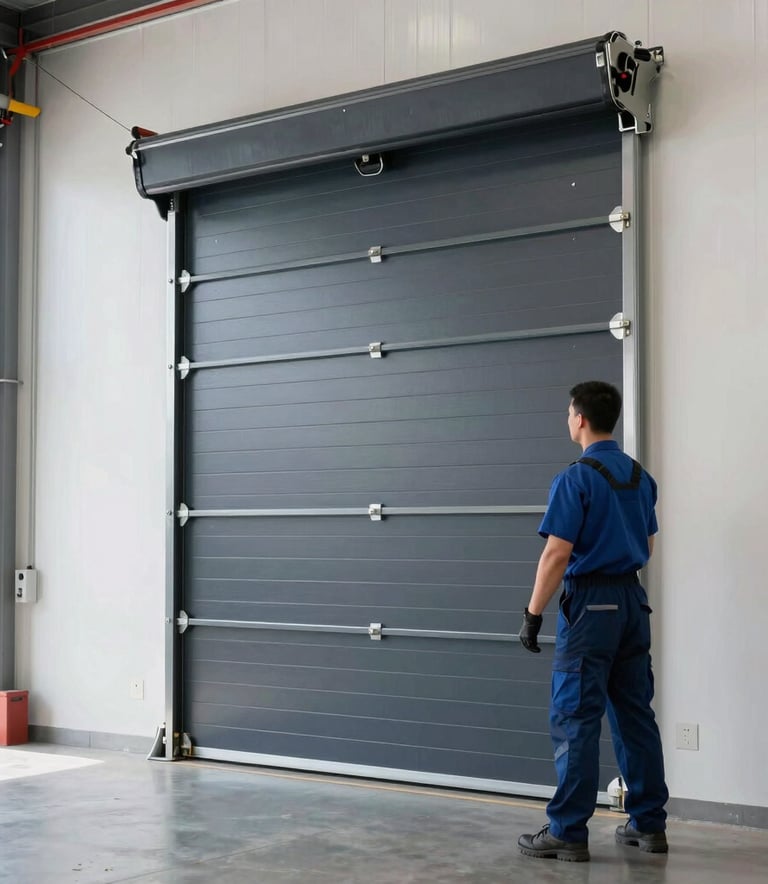 A bright, clean commercial warehouse interior in the North American US, showing a heavy-duty industrial roll-up door in dark navy and slate gray being serviced by a professional. The lighting is bright and industrial, emphasizing reliability and professional quality.