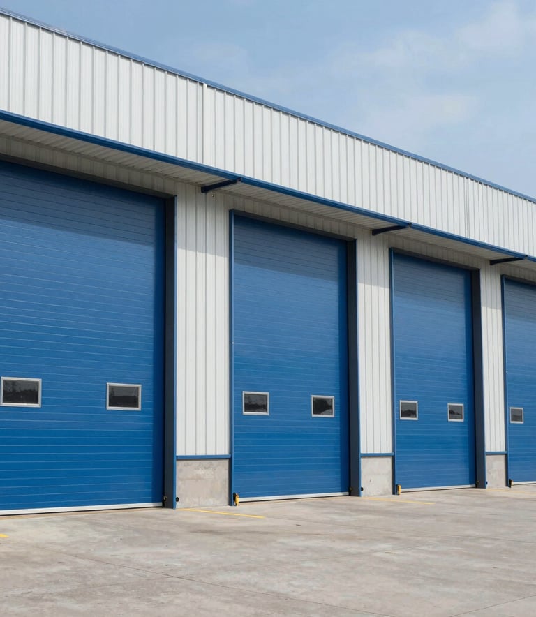 A wide-angle professional photograph of a commercial warehouse in the North American / US region, featuring large industrial slate blue rolling steel doors. The lighting is bright daylight, highlighting the clean, modern architecture.