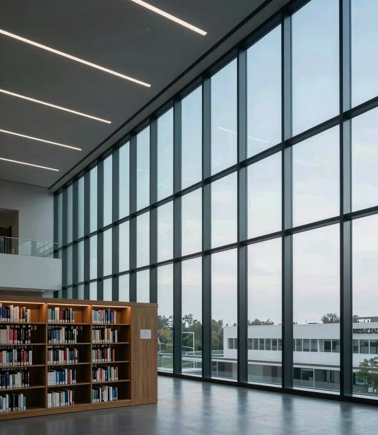 A wide-angle, serene shot of a modern North American library with clean architectural lines and floor-to-ceiling windows. The palette is dominated by deep charcoal and soft muted blue-grey tones, emphasizing clarity and intellectual focus.