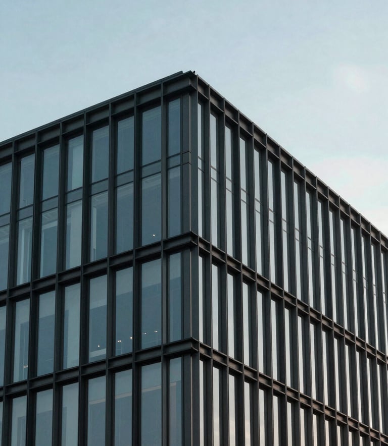 Minimalist architectural detail of a contemporary North American building facade, showing the intersection of glass and steel under a clear, soft sky. The composition is balanced and clean, evoking strategic structure.