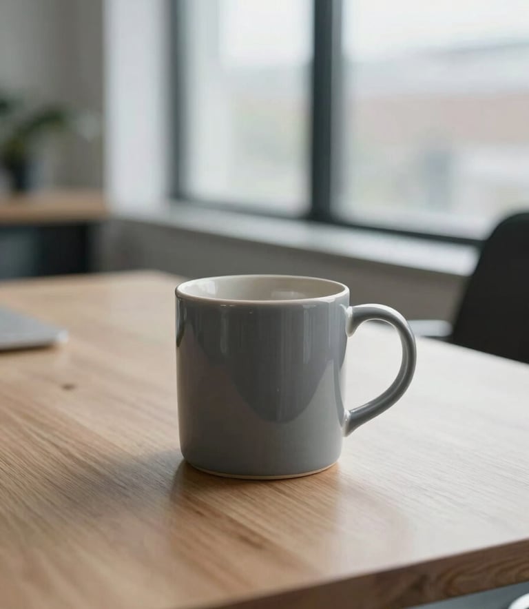 A close-up photograph of a ceramic mug on a sleek, minimalist wooden table. Soft natural light flows through a large window of a modern North American office. The atmosphere is introspective and quiet, featuring a palette of slate gray and off-white.