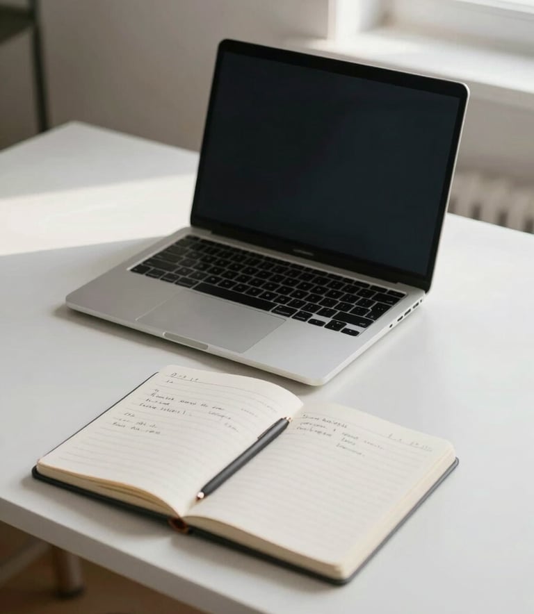 A minimalist home workspace in the United States. A clean white desk holds a high-end metal laptop and a single open notebook with thoughtful handwritten notes. Soft, diffused morning light creates a sophisticated and calm mood.