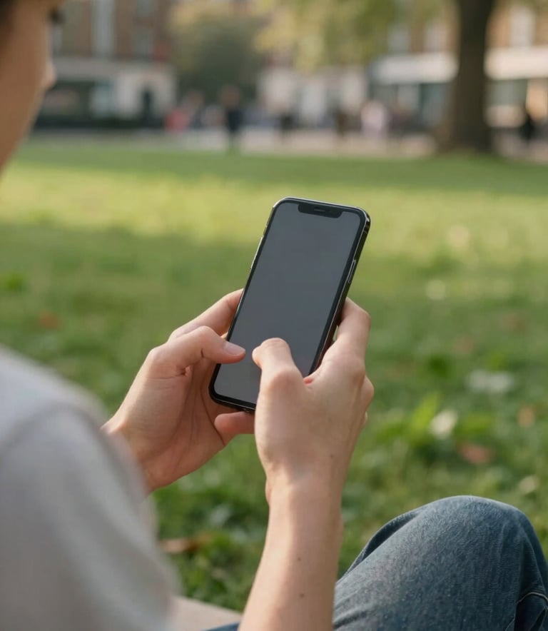 A lifestyle photograph of a person using their phone while sitting in a vibrant green park within a Northern European / British city. The lighting is warm and helpful, emphasizing a user-friendly and modern experience.