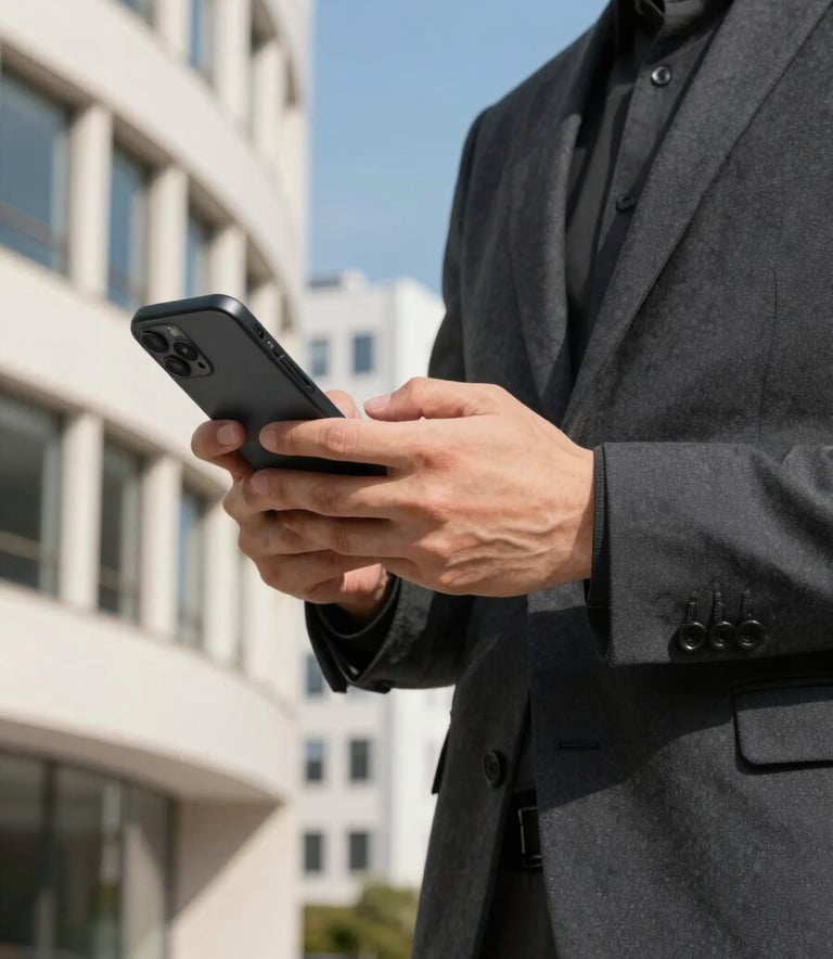 A professional photography shot of a person using a smartphone in a modern Northern European / British urban district. The lighting is bright and natural. The person is dressed in smart-casual dark charcoal attire, and the scene features soft off-white architectural elements and a vibrant blue sky in the background.