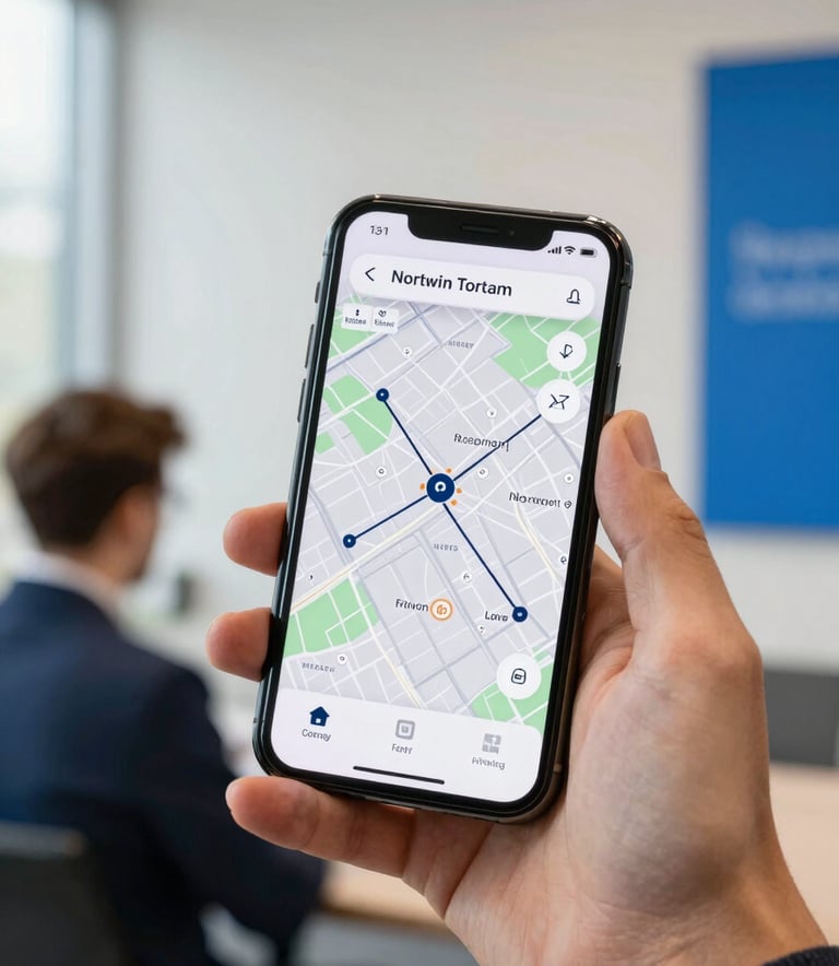 A close-up photograph of a smartphone displaying a connectivity map, held by a professional in a modern Northern European / British office environment. The scene is lit with natural daylight, featuring soft off-white walls and vibrant blue details in the background.