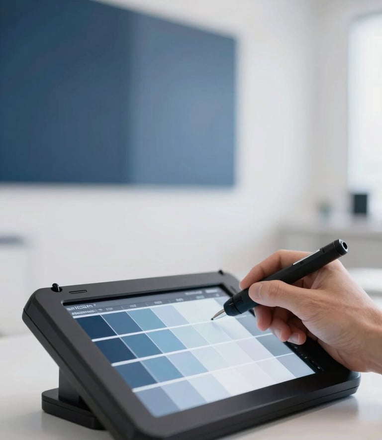 A close-up shot of a professional digital color-matching tool being used against a modern indoor wall. The lighting is bright and surgical, emphasizing precision. The color palette includes professional slate blues (#1C3642) and crisp whites (#F8FBFD).
