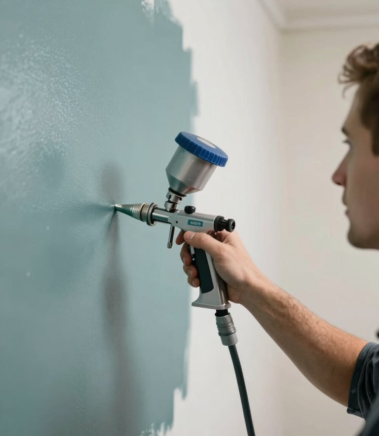 A professional painter using an advanced spray system to apply a smooth coat of muted teal (#6BA5A8) to an interior wall. The image captures the technology and efficiency of the process in a clean, modern setting.