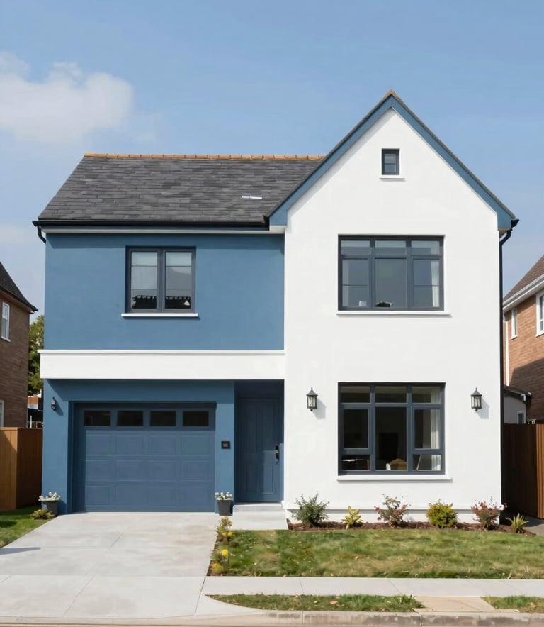 A wide shot of a modern Shrewsbury residence with freshly painted masonry in steel blue (#4E7D96) and crisp white (#F8FBFD). The finish is flawless, highlighting a clean, professional exterior under bright, natural daylight.
