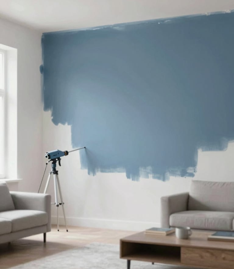 A wide shot of a modern, minimal living room in Shrewsbury. One wall is being finished with an advanced paint sprayer, showing a perfectly uniform coating. The room features a palette of #1C3642 and #6BA5A8 with bright natural light.