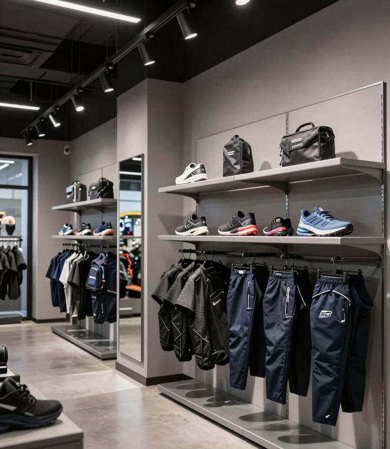 A high-end sports retail store environment with sleek lighting, displaying professional gear in steel grey and dark navy tones, professional architectural photography.