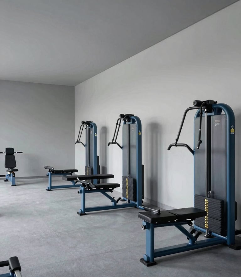 A minimalist, modern high-performance training center with pale grey walls and slate blue equipment, wide-angle interior photography.