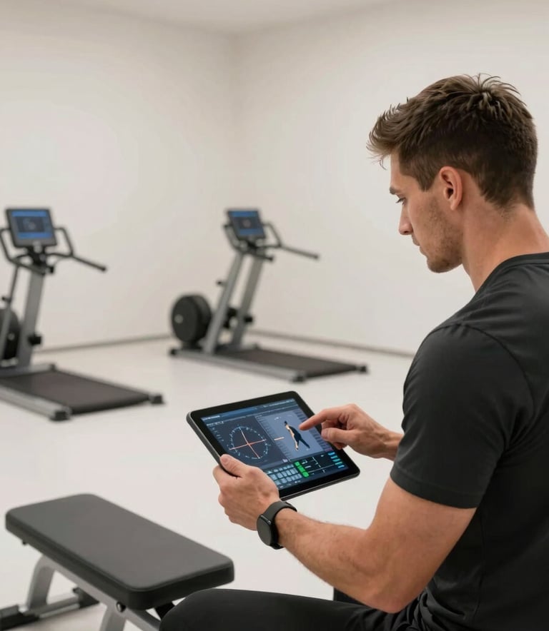 Interior of a high-performance training center with minimalist Soft Off-White walls and professional equipment in Cool Steel Grey. A coach is reviewing performance data on a digital tablet in a clean, modern setting.