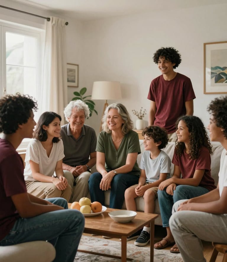 A warm backstage photography session of a diverse family, young and old, smiling together in a brightly lit Scandinavian-designed living room. Soft natural morning light, realistic, warm colors including hints of deep carmine red and soft green. Global / Brazilian and International environment.