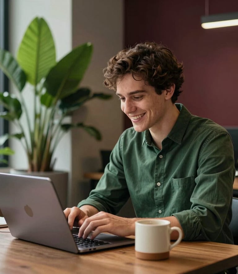 A professional yet relaxed modern office scene, a young entrepreneur happily managing social media on a laptop next to healthy green plants and a warm ceramic mug. Soft lighting, sophisticated forest green and deep carmine accents. Global / Brazilian and International setting.
