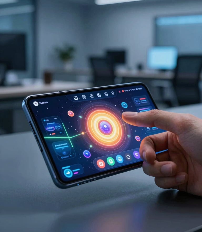 A sharp, high-detail photograph focusing on a hand interacting with a vibrant, intuitive game interface on a high-end Android device. The background is a sophisticated office in Steel Blue tones, creating a professional tech atmosphere. Global / Tech-savvy.
