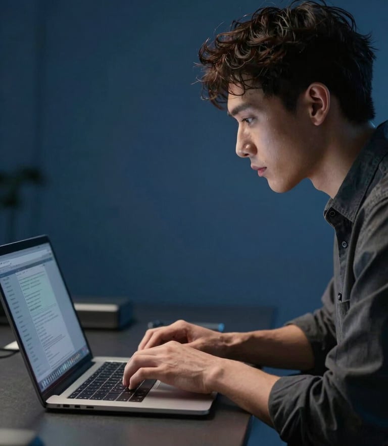 Professional photography of a tech-savvy individual looking at a high-resolution laptop screen in a deep blue-toned modern studio, soft cinematic ambient light, trustworthy atmosphere.