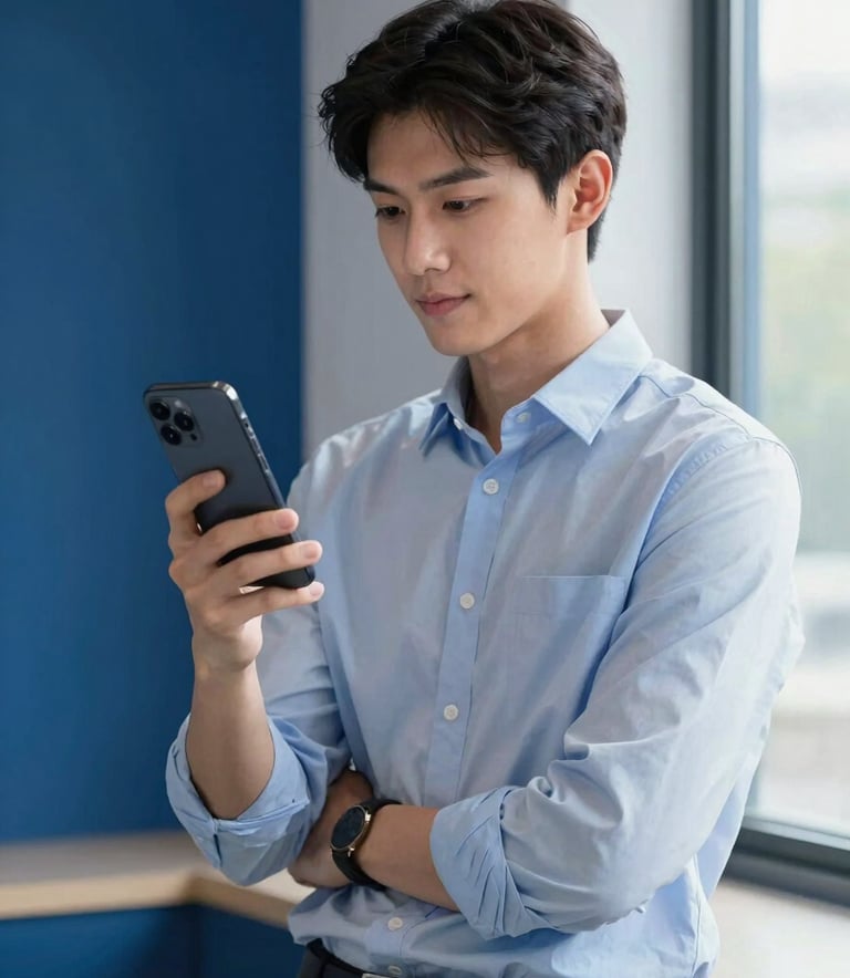 A clean, modern photography of a young professional in a Global / Tech-savvy setting using a sleek smartphone with confidence. The environment features Prussian Blue accents and soft natural lighting from a window.
