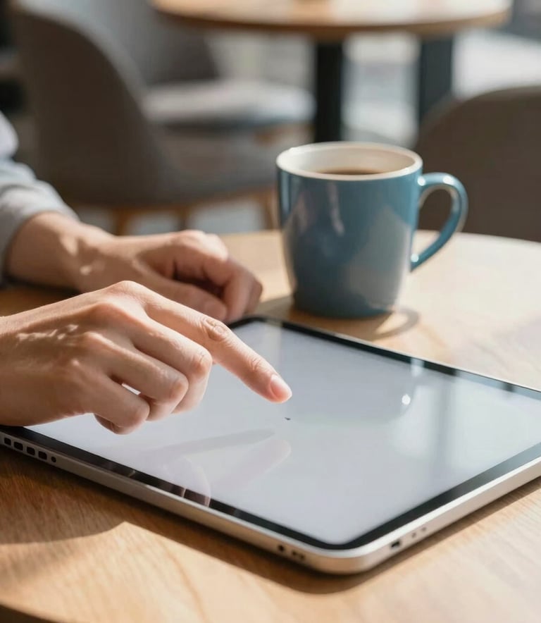 Close-up photography of a person’s hands interacting with a light gray digital tablet in a modern sun-lit cafe, steel blue ceramic mug on the table, global / tech-savvy urban setting.