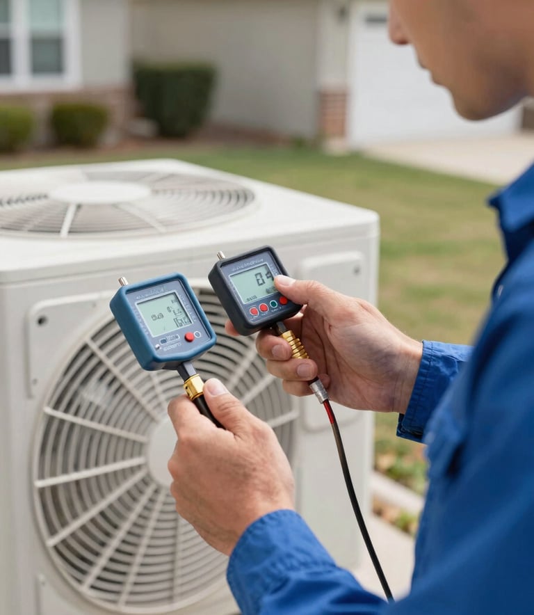 A close-up photograph of a professional technician's hands using a digital gauge to check a high-efficiency AC unit outdoors. The lighting is bright, clear daylight in a North American / US suburban setting. The technician wears a medium blue uniform, emphasizing a clean and expert service approach.