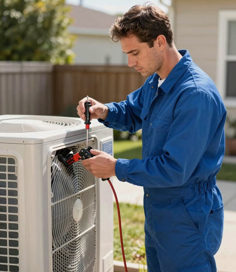 A professional HVAC technician in a North American / US residential setting, using precision tools to inspect an outdoor air conditioning condenser unit during a sunny day. The style is clean and modern, highlighting the technician's expertise and professional uniform in shades of medium blue.