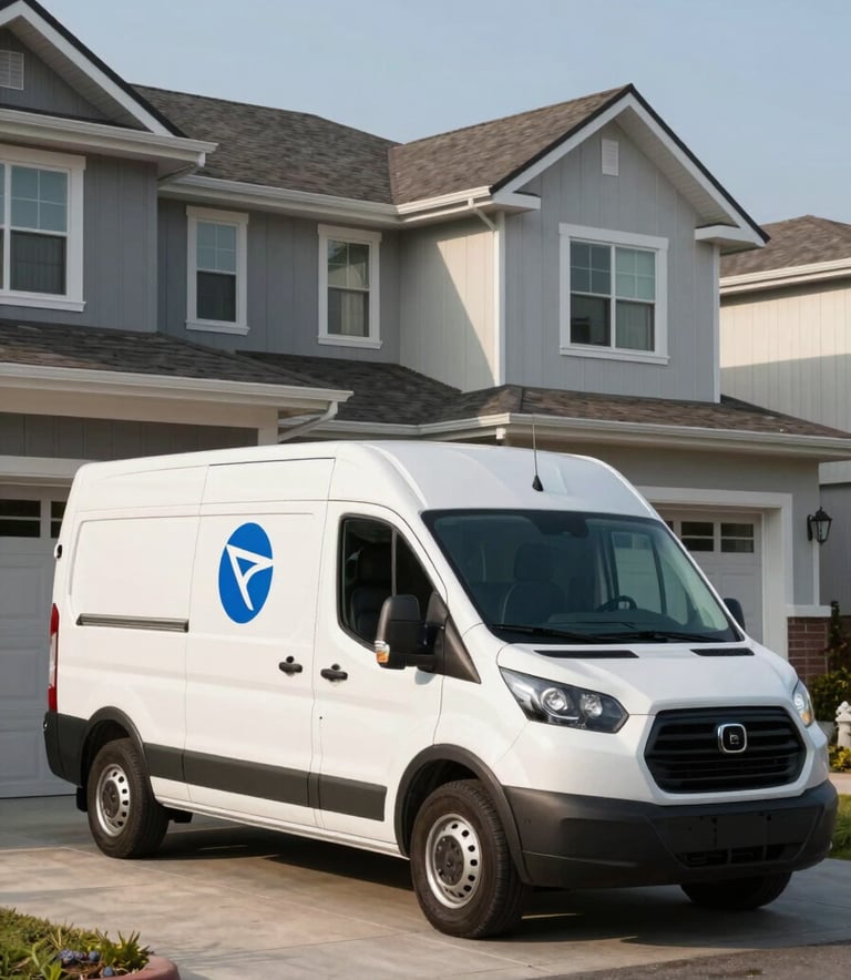 A professional wide-angle shot of a modern white service van with a clean blue logo parked in front of a modern North American / US residential home. The scene is bright and efficient, with soft morning sunlight and a clear sky, suggesting reliable and prompt service arrival.