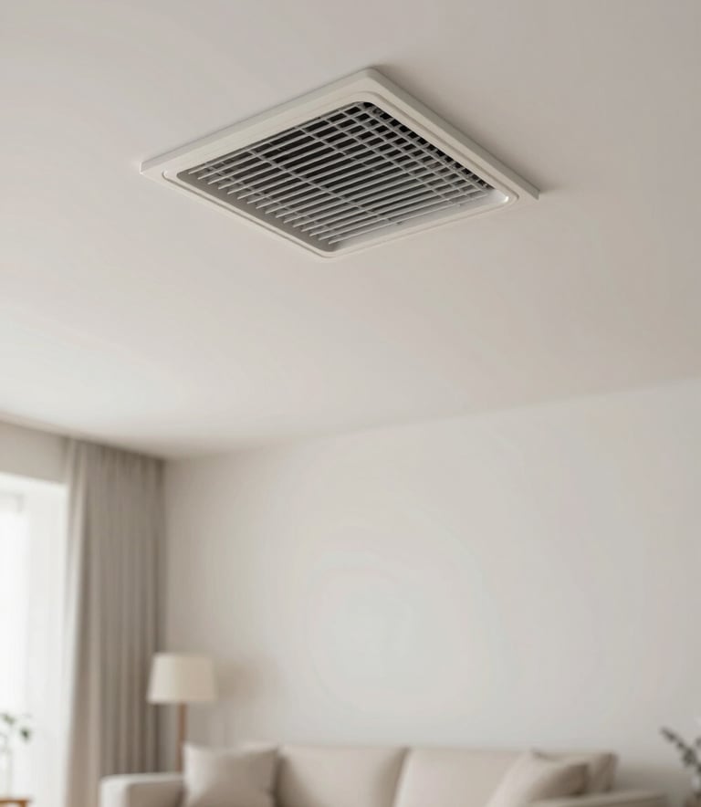 An indoor air conditioning vent on a ceiling in a contemporary North American / US living room. The room below is blurred but shows soft off-white furniture, suggesting a cool and relaxing atmosphere. The lighting is natural and clear.