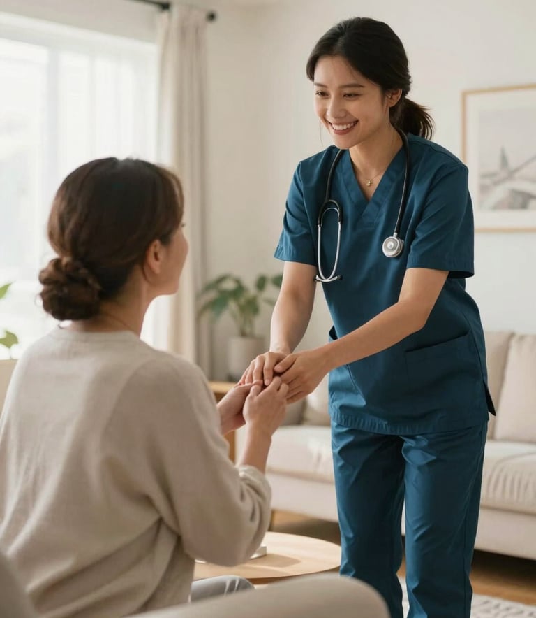 A professional North American home care scene where a caregiver in dark teal attire is warmly greeting a client in their sunlit living room. The composition is clean and focused on the compassionate human connection, utilizing a soft off-white color palette.