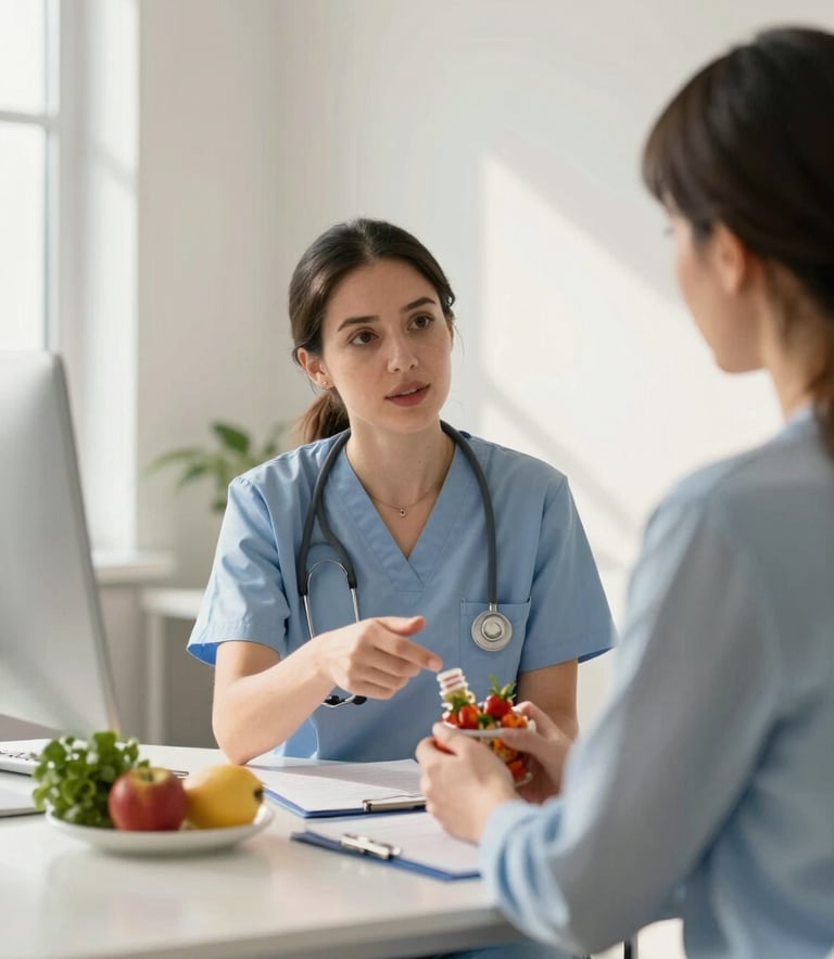 A professional nutrition counselor in a bright, modern North American office setting, sitting at a desk and explaining healthy food options to an attentive client. The room is decorated in soft off-white and muted blue tones with natural sunlight.