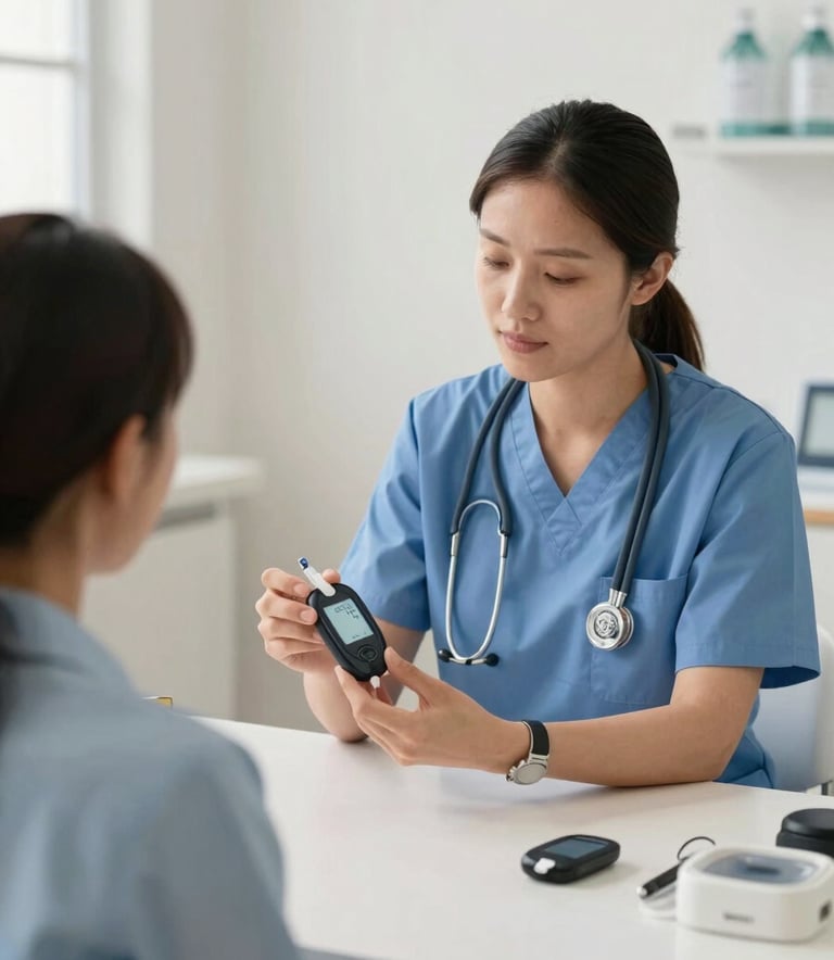 A professional North American clinical setting where a healthcare educator in a muted blue uniform is demonstrating diabetes self-management tools to a patient. The room is bright and clean with off-white walls, conveying a trustworthy and compassionate medical environment.