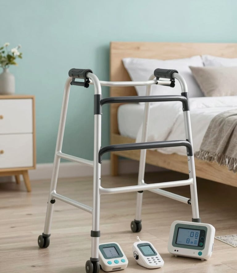 Essential home medical equipment, including a high-quality walker and monitoring devices, neatly organized in a clean, modern North American bedroom with soft light teal and beige accents.