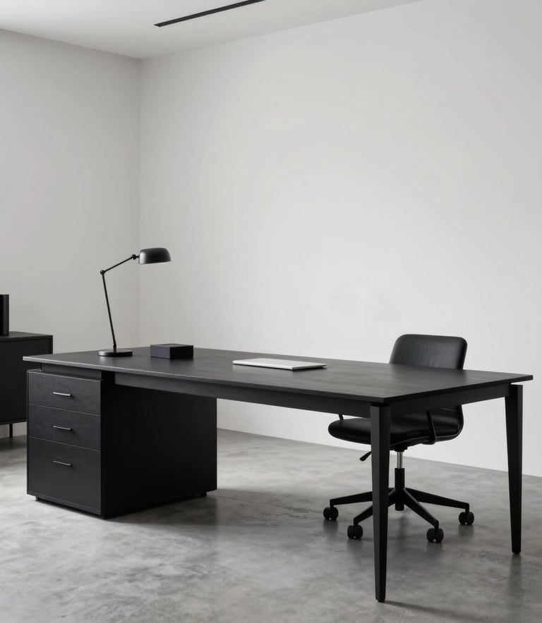 A high-end lifestyle shot of a modern creative workspace with sleek black furniture and white walls, clean minimalist aesthetic, Global / International.