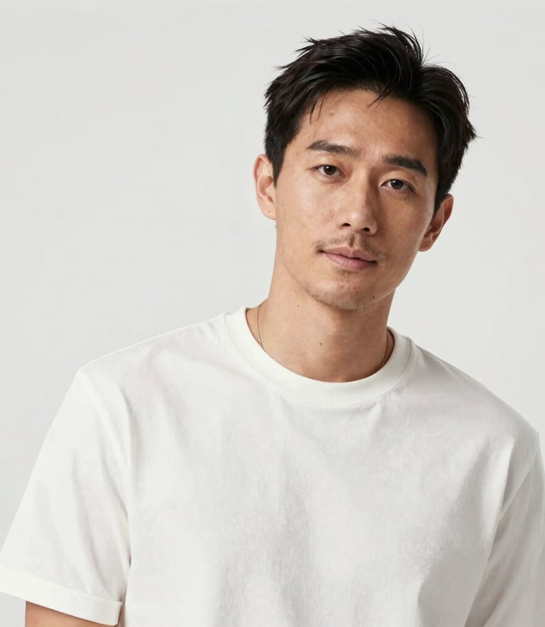 A high-quality portrait of a content creator in a bright white studio, wearing premium minimalist attire, Global / International.