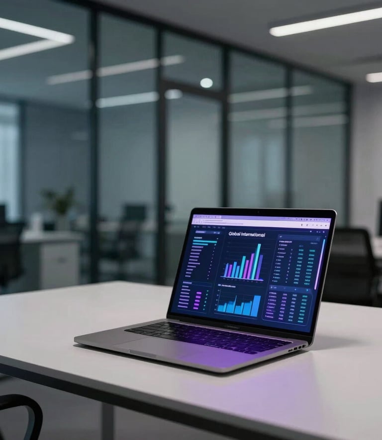 A high-end, minimal agency workspace in a sleek glass-walled office at night, featuring a single laptop displaying marketing analytics with a soft purple and blue ambient glow, Global / International.