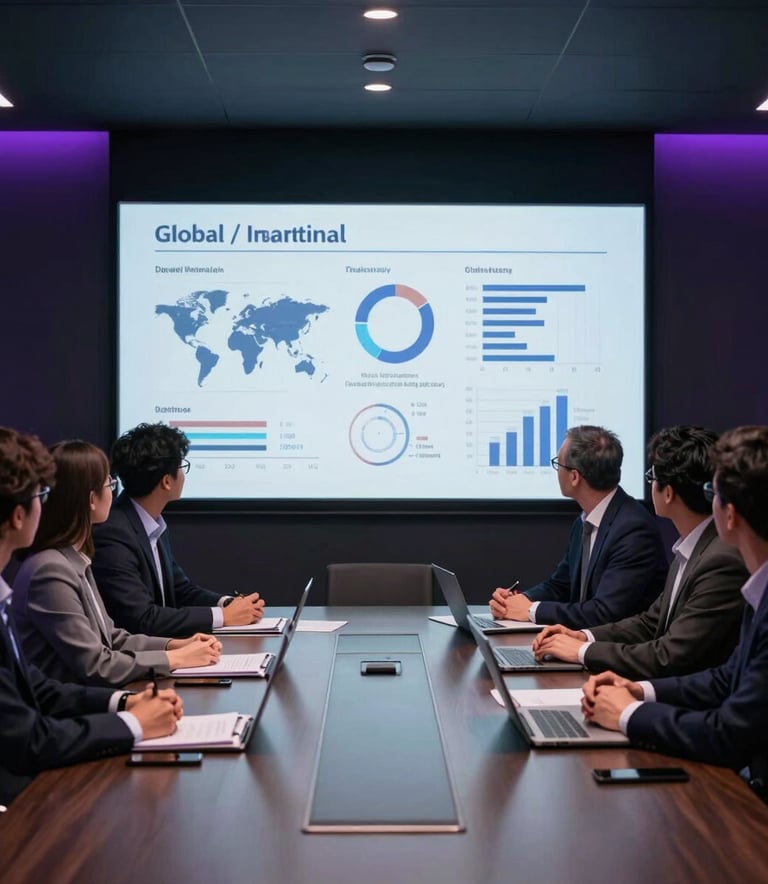 A group of marketing experts in professional attire discussing data on a large screen in a dark, high-tech boardroom with purple accent lighting, Global / International.
